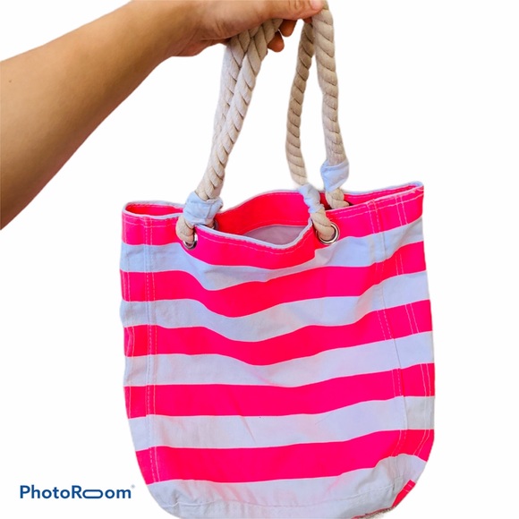 LAS VEGAS🤩BEACH TOTE BAG CUTE PINK STRIPE ROPE - Picture 2 of 2